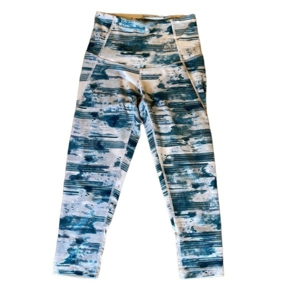 ZELLA‎ High Waisted Cropped Leggings Green & Blue Pattern, White Mesh on Calf